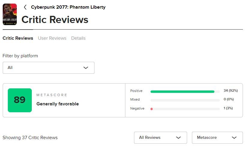 《賽博朋克2077：往日之影》MC均分89 品質提升明顯