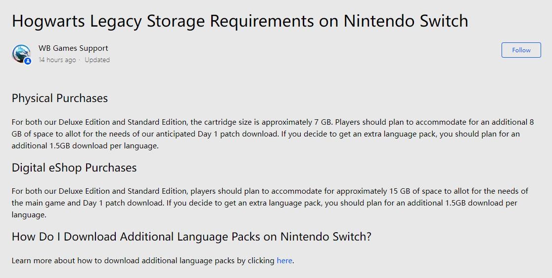《霍格沃茨之遺》Switch版首日補丁8GB 比游戲本體還大