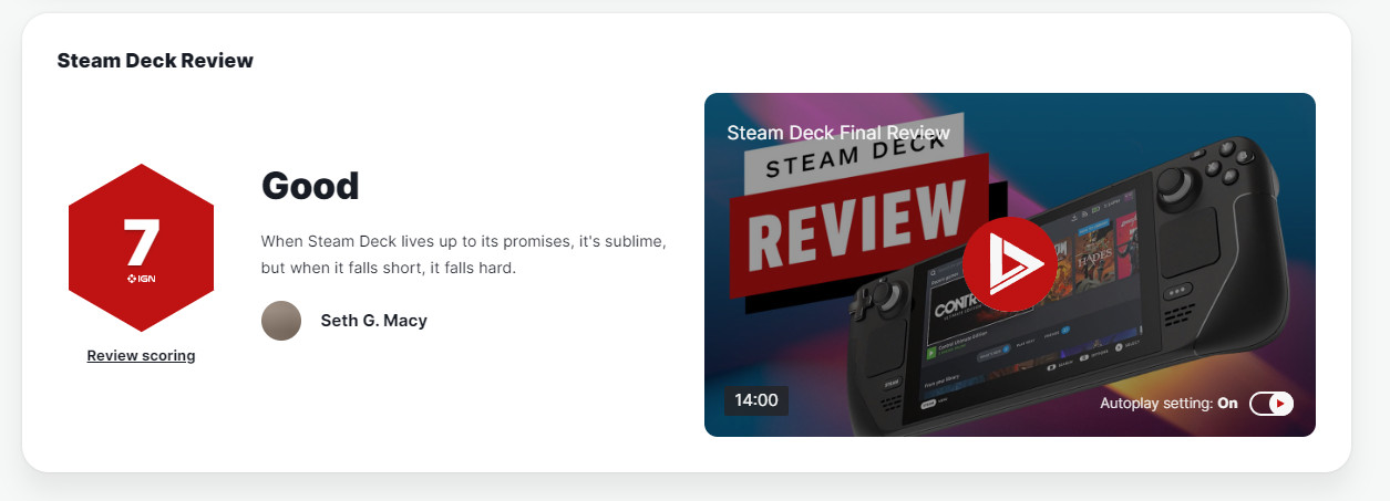 Steam Deck OLED IGN 9分 續航是最大亮點