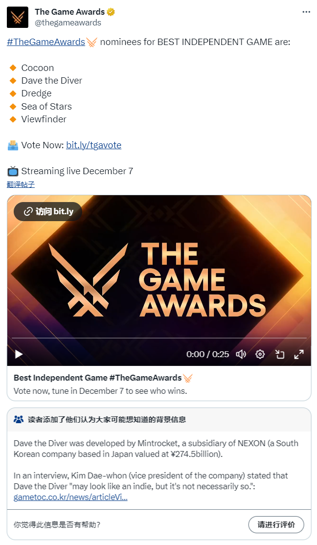 TGA最佳獨立游戲提名引爭議 《潛水員戴夫》不是獨立游戲？