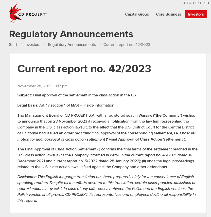 《賽博朋克2077》首發滑鐵盧投資者起訴CDP現已和解