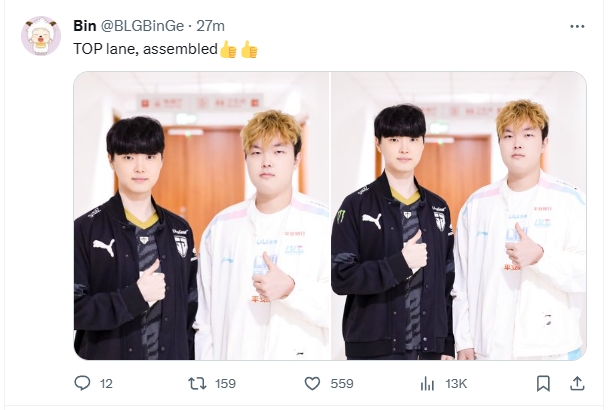 Bin更推分享和Chovy合照，Bin配文：“頂尖上單，集合！”