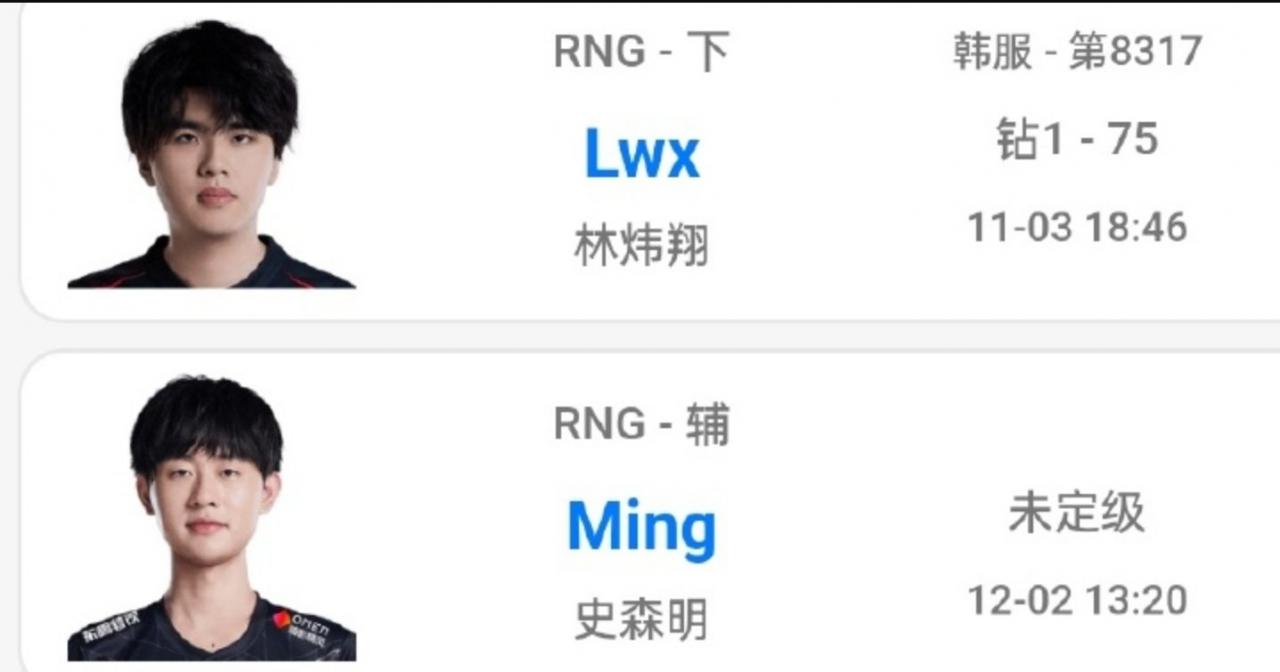 RNG終于有冠軍AD了！OBGG選手信息更新：Lwx加盟隊伍搭檔Ming